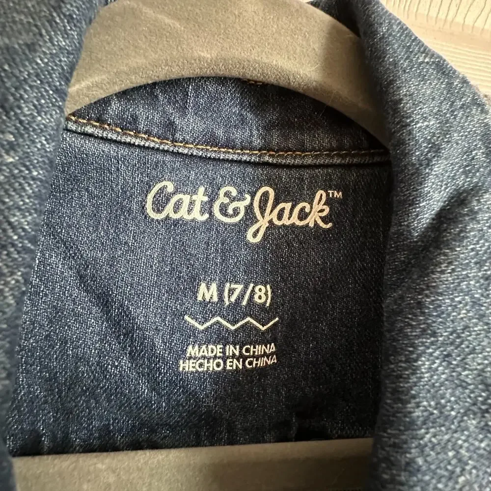 Cat & Jack Denim Vest Girl's Medium 7/8 Snap Button Up Collared Dark Wash